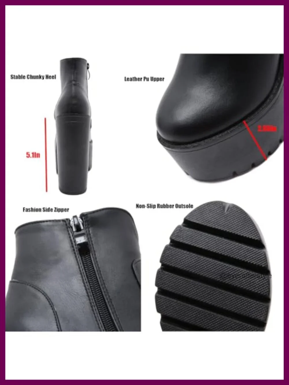 Women's PU Leather Chunky Platform Ankle Boots Side Zip Block Heel Lug Sole